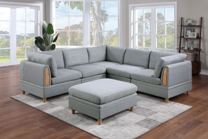 Living Room Furniture 6pc Modular Sofa Set Light Grey Dorris Fabric Couch 3x Corner Wedges 2x Armless Chair And 1x Ottoman