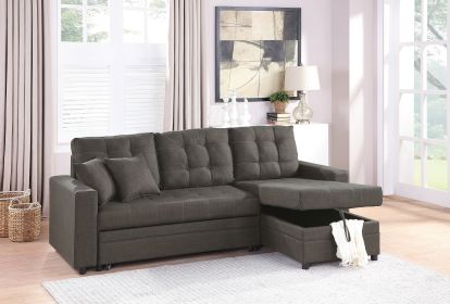 Ash Black Convertible Sectional Pull Out Bed Sofa Chaise Reversible Storage Chaise Polyfiber Tufted Couch Lounge