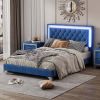 Full Size Upholstered Bed Frame with LED Lights,Modern Velvet Platform Bed with Tufted Headboard,Blue