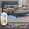 Queen Size Upholstered Platform Bed Linen Bed Frame with Lights Square Stitched Adjustable Headboard Strong Bed Slats System No Box Spring Needed Blue