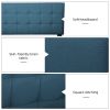 Queen Size Upholstered Platform Bed Linen Bed Frame with Lights Square Stitched Adjustable Headboard Strong Bed Slats System No Box Spring Needed Blue