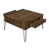 Rustic Oak and Black Finish Classic Square Cocktail Table with 2 Drawers Metal Legs Solid Wood Living Room Furniture 1pc Coffee Table