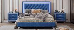 Full Size Upholstered Bed Frame with LED Lights,Modern Velvet Platform Bed with Tufted Headboard,Blue