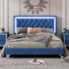 Full Size Upholstered Bed Frame with LED Lights,Modern Velvet Platform Bed with Tufted Headboard,Blue