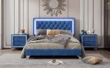 Full Size Upholstered Bed Frame with LED Lights,Modern Velvet Platform Bed with Tufted Headboard,Blue