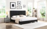 King Size Upholstered Platform Bed Frame with Linen Fabric Headboard, No Box Spring Needed, Wood Slat Support, Easy Assembly, BLACK