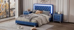 Full Size Upholstered Bed Frame with LED Lights,Modern Velvet Platform Bed with Tufted Headboard,Blue